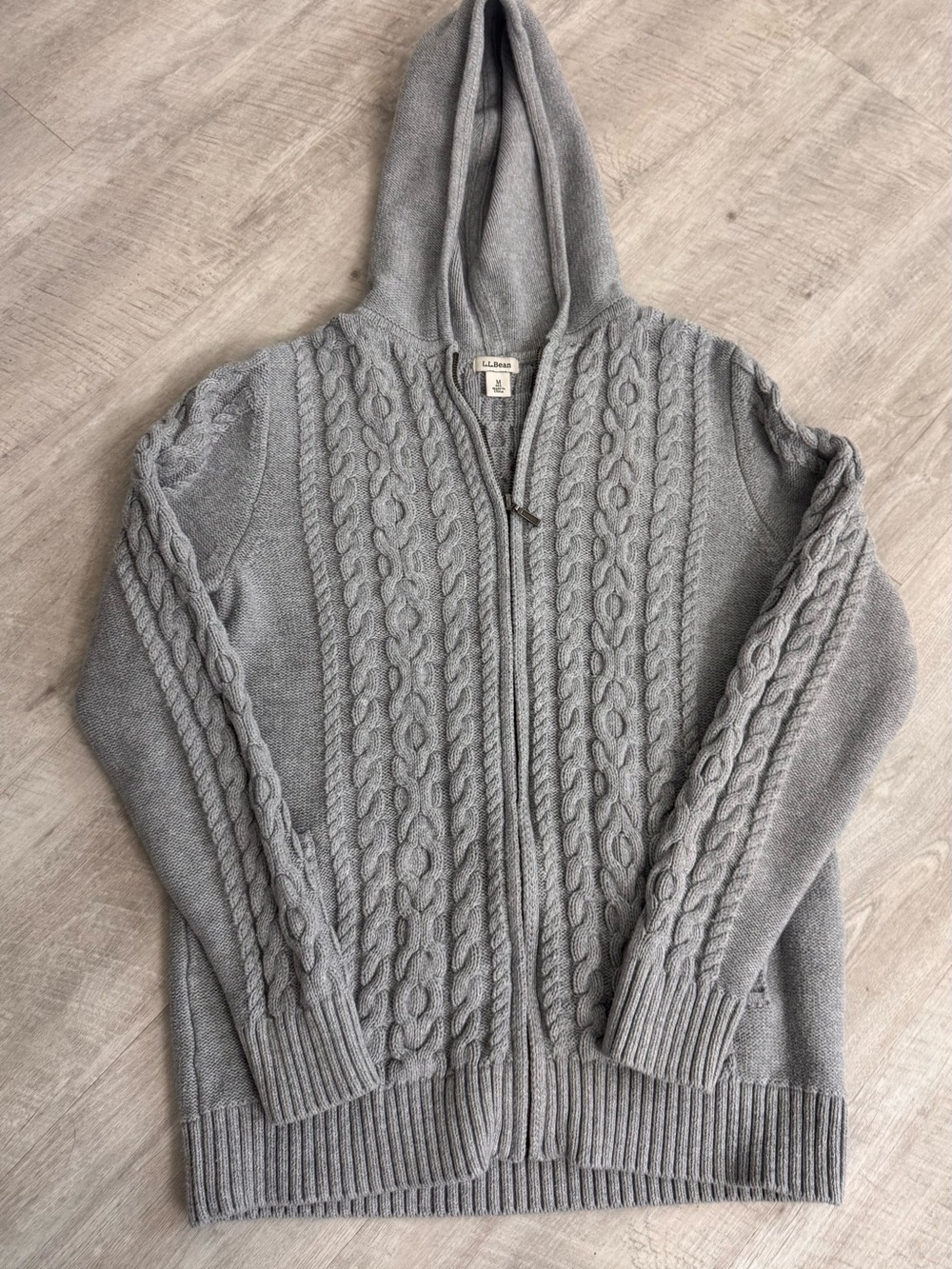 L.L. Bean Women’s Hooded Cotton Full-Zip Cable Knit Cardigan, Medium, Lt. Gray